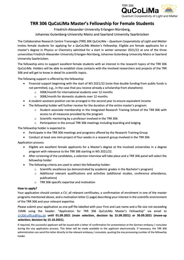 TRR 306 QuCoLiMa Master’s Fellowship for Female Students – Apply now!