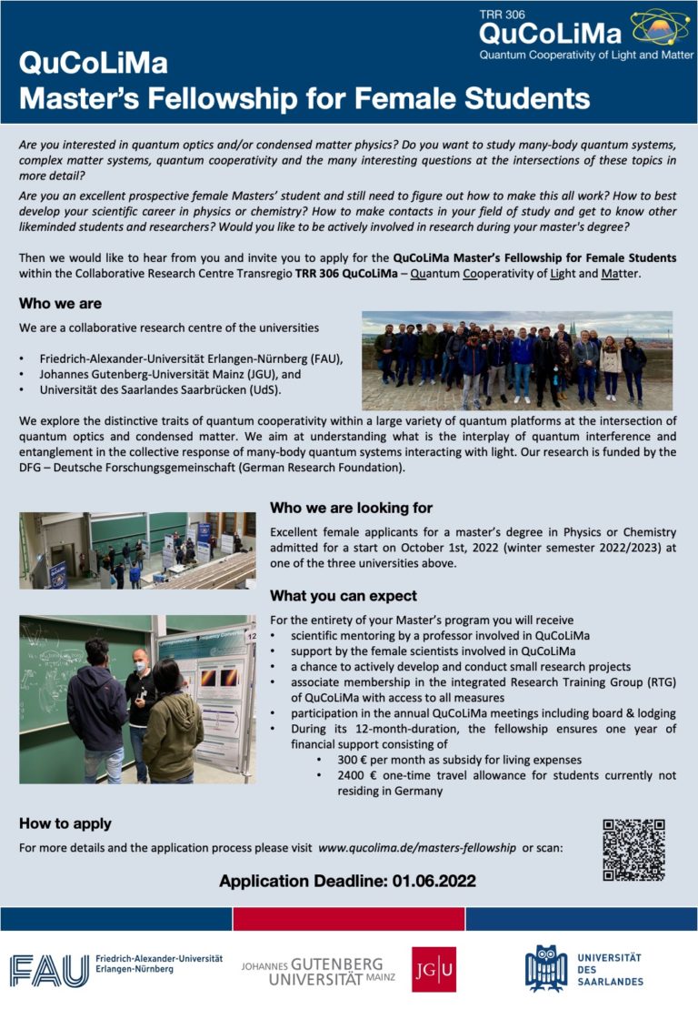 QuCoLiMa Master’s Fellowship for Female Students – Application now open